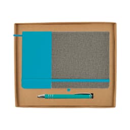 A notebook with a gray cover and teal accent, accompanied by a matching teal pen, presented in a kraft paper gift box.