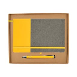A gray and yellow notebook with an elastic band and a matching yellow pen, presented in a cardboard gift box.