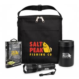 A black tote bag containing a flashlight, a drink bottle, and a fishing accessories pack, featuring branding.