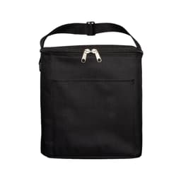 A black insulated cooler bag with a zip closure and a front pocket, featuring a sturdy carry strap.