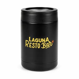 A black drink bottle with a cylindrical design. It features a logo on the front.