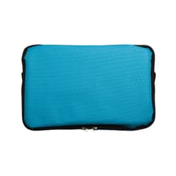 A turquoise zippered pouch with a black border, featuring a logo on the surface.