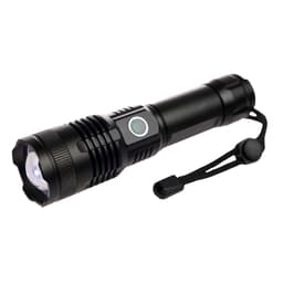 A black flashlight with a textured grip, featuring a strap and a push-button switch. It has a sleek design and a bright lens.