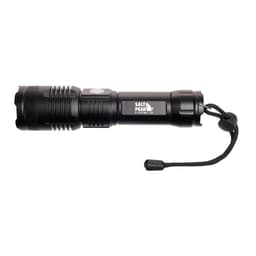 A black torch with a textured grip and a strap. It features a logo and is designed for outdoor use.