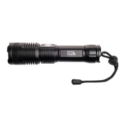 A black torch with a textured grip and a wrist strap. It features a brand logo on the side.
