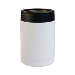 A white drink bottle with a black lid, featuring a sleek design and a logo. Ideal for outdoor activities.