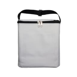 A grey cooler bag with a zippered top and a front pocket, featuring a black adjustable strap.