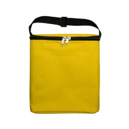 A yellow zippered cooler bag with a front pocket and a black strap, ideal for outdoor use.