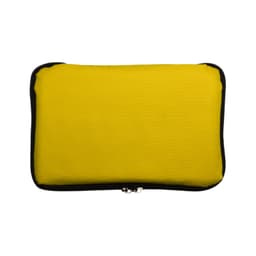 A yellow zippered pouch features a black trim, designed for outdoor use with a logo present.