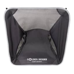 A mesh camping chair in black with a grey trim and a logo at the bottom.