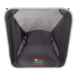 A collapsible camp chair in dark grey with mesh sides and a prominent logo at the centre.