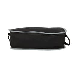 A black travel pack with grey trim, featuring a zip closure and side handles for easy carrying.