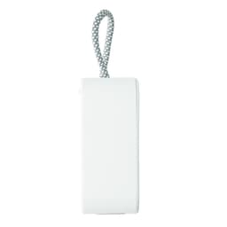 A white portable device with a grey lanyard attached, designed for convenience and mobility.