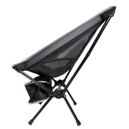 A camping chair in grey with a mesh back and a cup holder, featuring a collapsible frame.