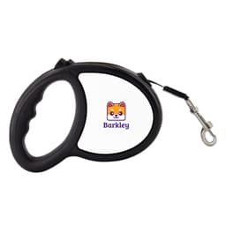 A black dog leash with a shaped handle and a clip, featuring a logo.