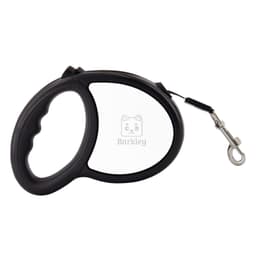 A black retractable dog leash with a comfortable grip handle and a metal clip for attaching to a collar or harness.