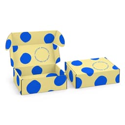 A custom box with a locking lid features a yellow background adorned with blue polka dots and includes a logo.