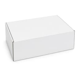 A white box with a locking lid, measuring 410 x 255 x 150mm, featuring a simple design and a logo.