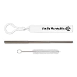 A drink bottle accessory featuring a silver telescopic straw, a cleaning brush, and a white carrying case with a logo.
