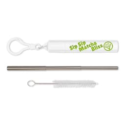A drink bottle with a telescopic metal straw in silver, accompanied by a cleaning brush and a storage case, featuring a logo.