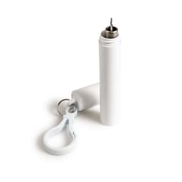 A drink bottle with a telescopic straw, featuring a white design and a keyring attachment.
