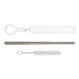 A drink bottle accessory featuring a white telescopic straw, with a cleaning brush and keychain holder.