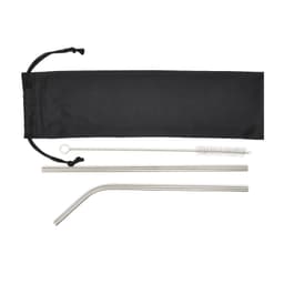 A drink bottle accessory set featuring two stainless steel straws, a cleaning brush, and a black carrying pouch.