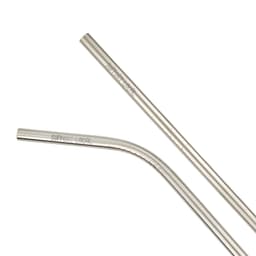 A drink bottle with two stainless steel straws, one straight and one bent, featuring a logo.