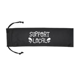 A black storage pouch with drawstring, featuring the text "SUPPORT LOCAL" in white lettering.