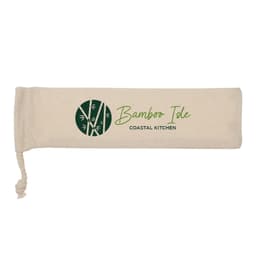 A cream-coloured pouch featuring a logo, with a drawstring closure for storage.