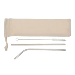 A set of stainless steel straws in a beige pouch, including a straight straw, a bent straw, and a cleaning brush.