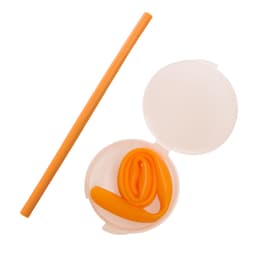A silicone straw in a case, with the straw coiled inside the container. Both the straw and the case are orange in color.