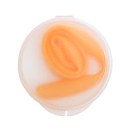 A silicone straw in an orange color, stored inside a clear round case. The case has a logo.