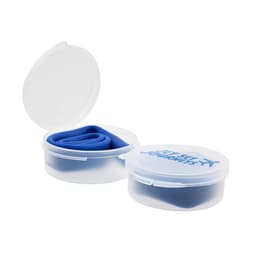 A blue silicone straw neatly rolled and stored in a clear case with the logo "Silly Straw" printed on the lid.