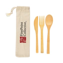 A bamboo cutlery set in a calico pouch, featuring a knife, fork, and spoon. The pouch has a logo.