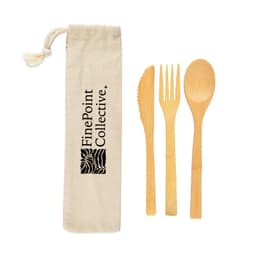 A bamboo cutlery set in a calico pouch, featuring a knife, fork, and spoon. The pouch has a logo.