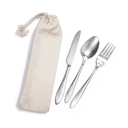 A banquet cutlery set in a beige calico pouch, featuring a knife, fork, and spoon.