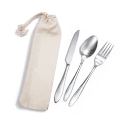 A cutlery set featuring a knife, fork, and spoon in a calico pouch. The cutlery is stainless steel with a sleek design.