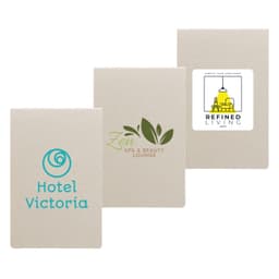 Three sets of sticky notes in a light beige color featuring different logos and designs.