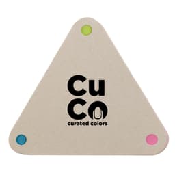 A triangular sticky note pad in beige with a logo and colored accents in pink, blue, and green at the corners.