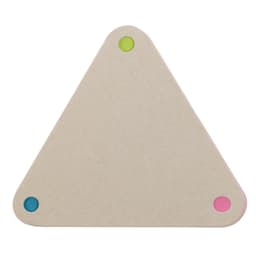 A triangular sticky note in a beige color, featuring colored dots in green, blue, and pink at each corner.