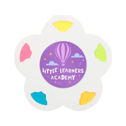 A floral-shaped set of sticky notes featuring vibrant colours: pink, yellow, green, and blue, with a central logo.