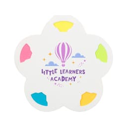 A flower-shaped sticky note set with pink, yellow, green, and blue notes, featuring a logo in the centre.