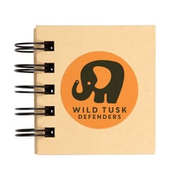 A spiral-bound sticky note pad featuring a tan cover with an elephant logo and a branding circle.