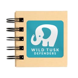 A tan sticky note pad with a spiral binding featuring an elephant logo on a turquoise background.