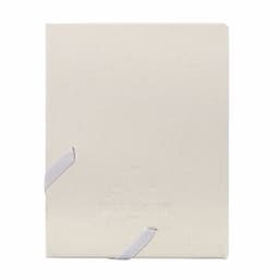 A beige, bound planner with a textured cover, featuring white ribbon ties and an embossed logo.