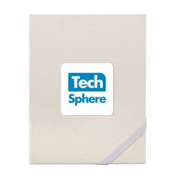 A white planner with a small blue logo on the cover and an elastic strap closure.