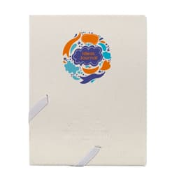 A cream-coloured notebook with a colourful logo on the cover, featuring a binding with white strings.