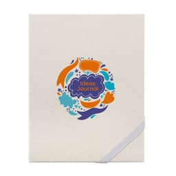 A cream-coloured journal with an illustrated design featuring colourful shapes and the text "Ideas Journal."