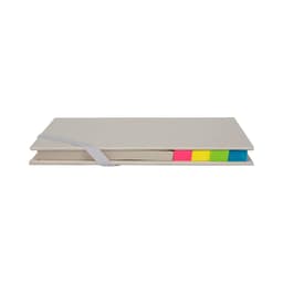 A grey trip daily planner with a secure strap and vibrant sticky tabs in pink, yellow, and green.
